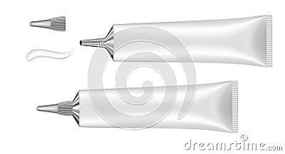 White plastic tube with long nozzle. Cream splash Vector Illustration